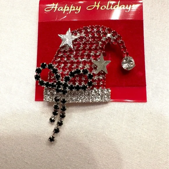 Rhinestone Santa hat brooch pin with black bow and silver-tone stars - Picture 4 of 4